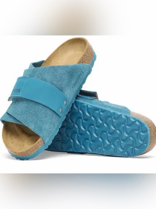 Birkenstock Shoes - Birkenstock Teal Suede Slide Clogs